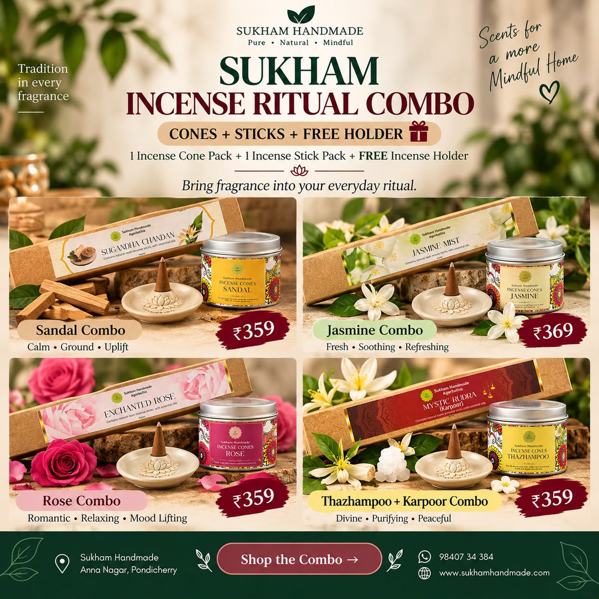 Sukham Incense Ritual Combo | Incense Cones + Incense Sticks with FREE Holder