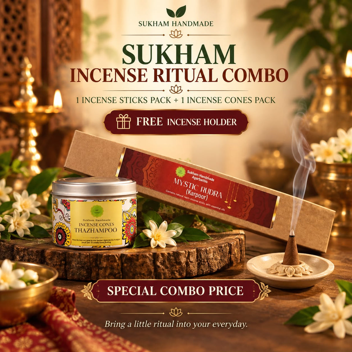 Sukham Incense Ritual Combo | Incense Cones + Incense Sticks with FREE Holder