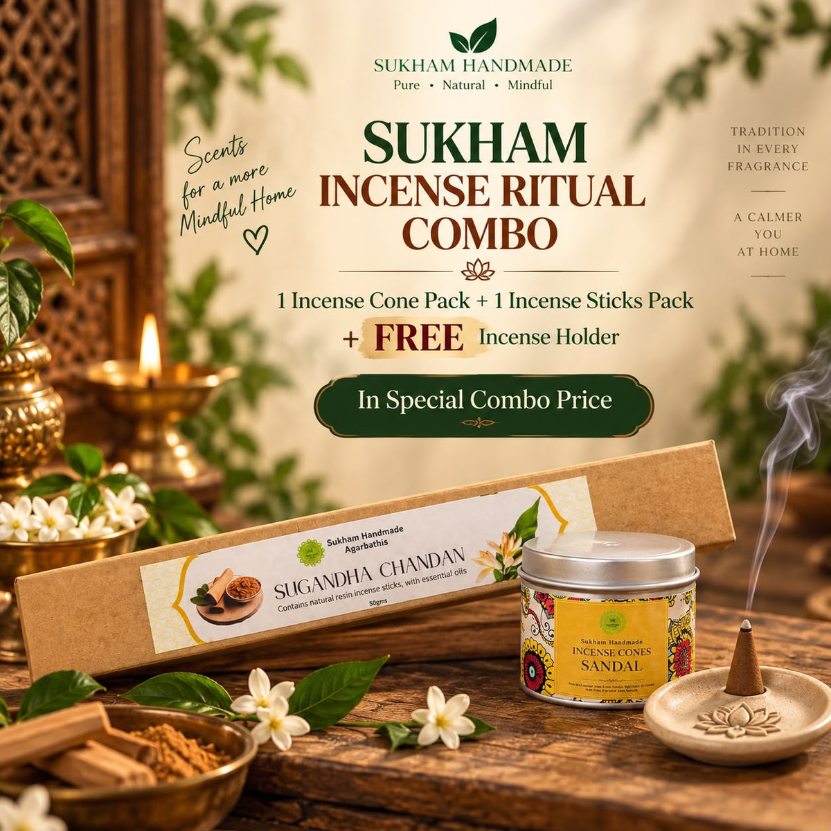 Sukham Incense Ritual Combo | Incense Cones + Incense Sticks with FREE Holder
