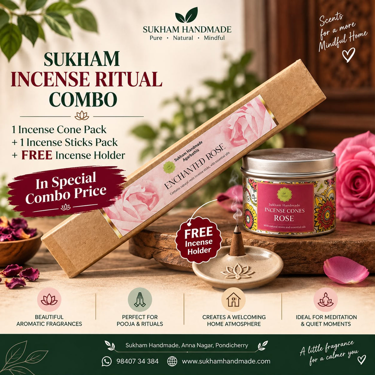 Sukham Incense Ritual Combo | Incense Cones + Incense Sticks with FREE Holder