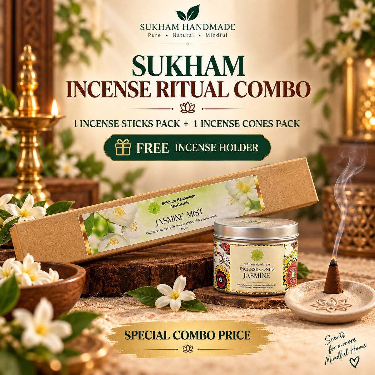 Sukham Incense Ritual Combo | Incense Cones + Incense Sticks with FREE Holder