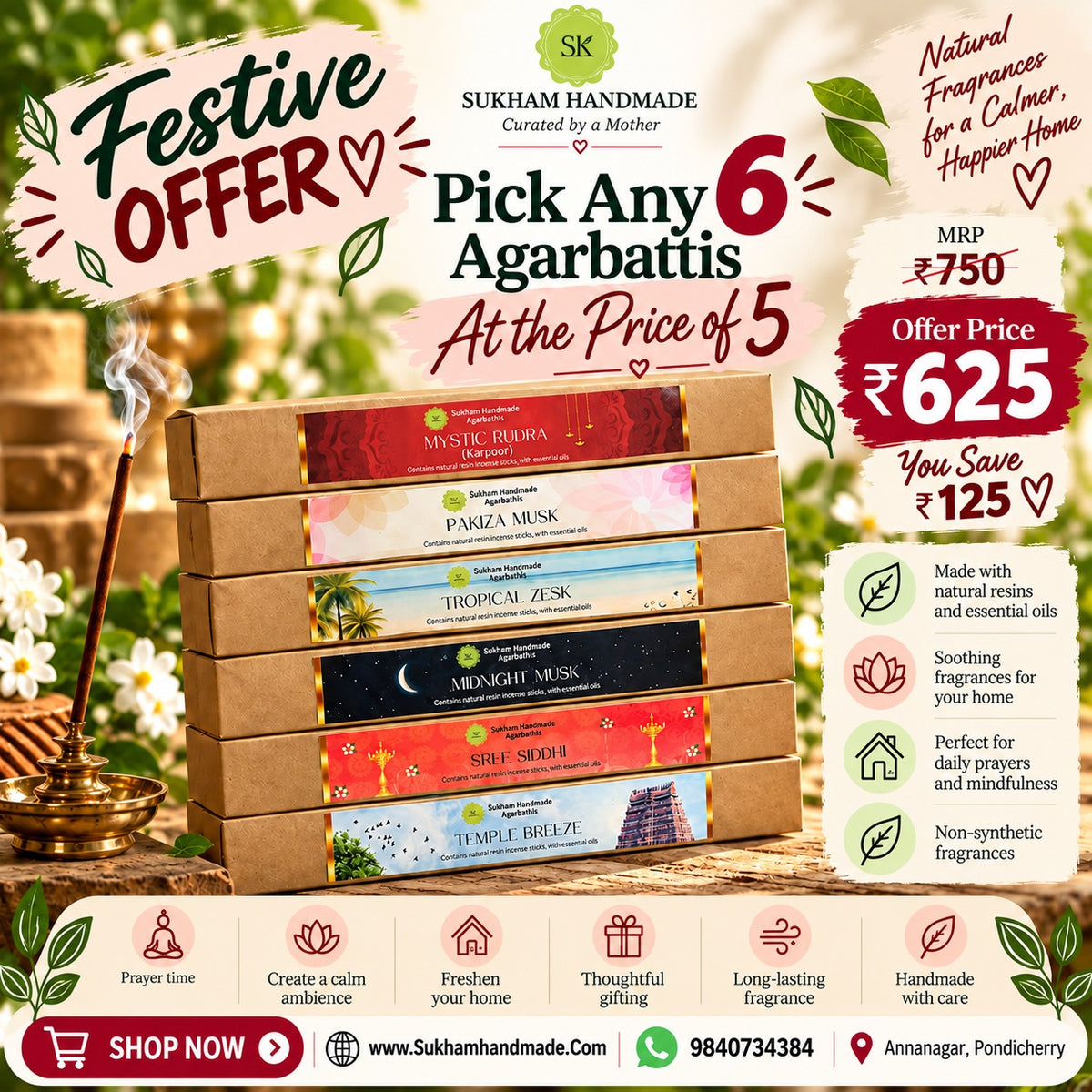 Sukham Handmade Agarbathi – 6 for 5 Value Pack