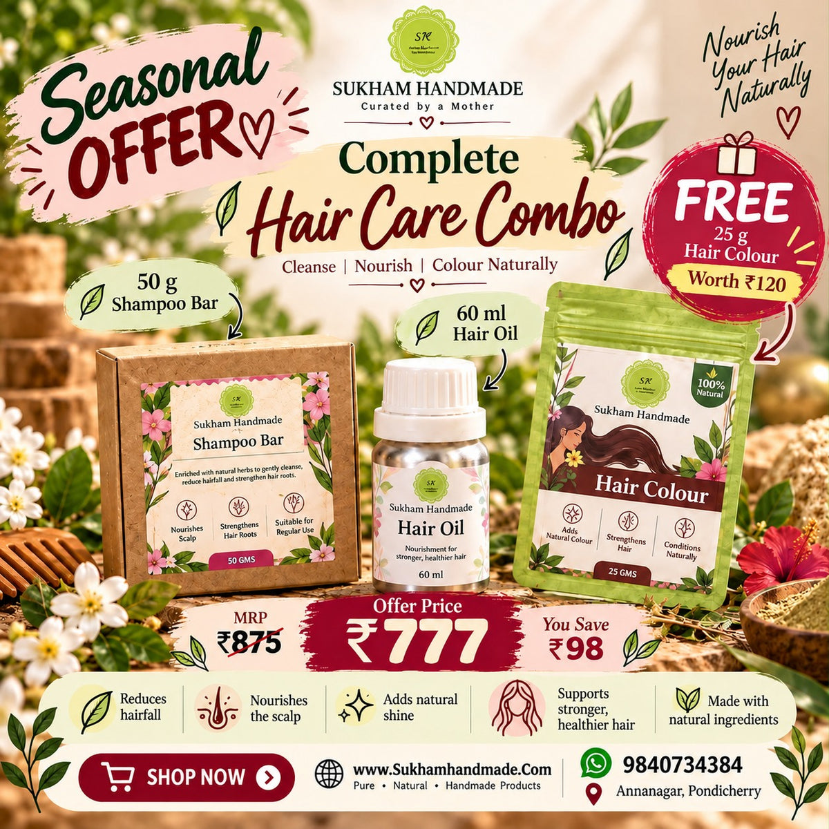 Hair Care Trio | 60ml Hair Oil + 50g Shampoo Bar + FREE 25g Hair Colour
