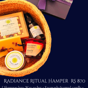 Radiance ritual hamper includes shampoo bar, wax sachet, facewash, scented candle and deo balm